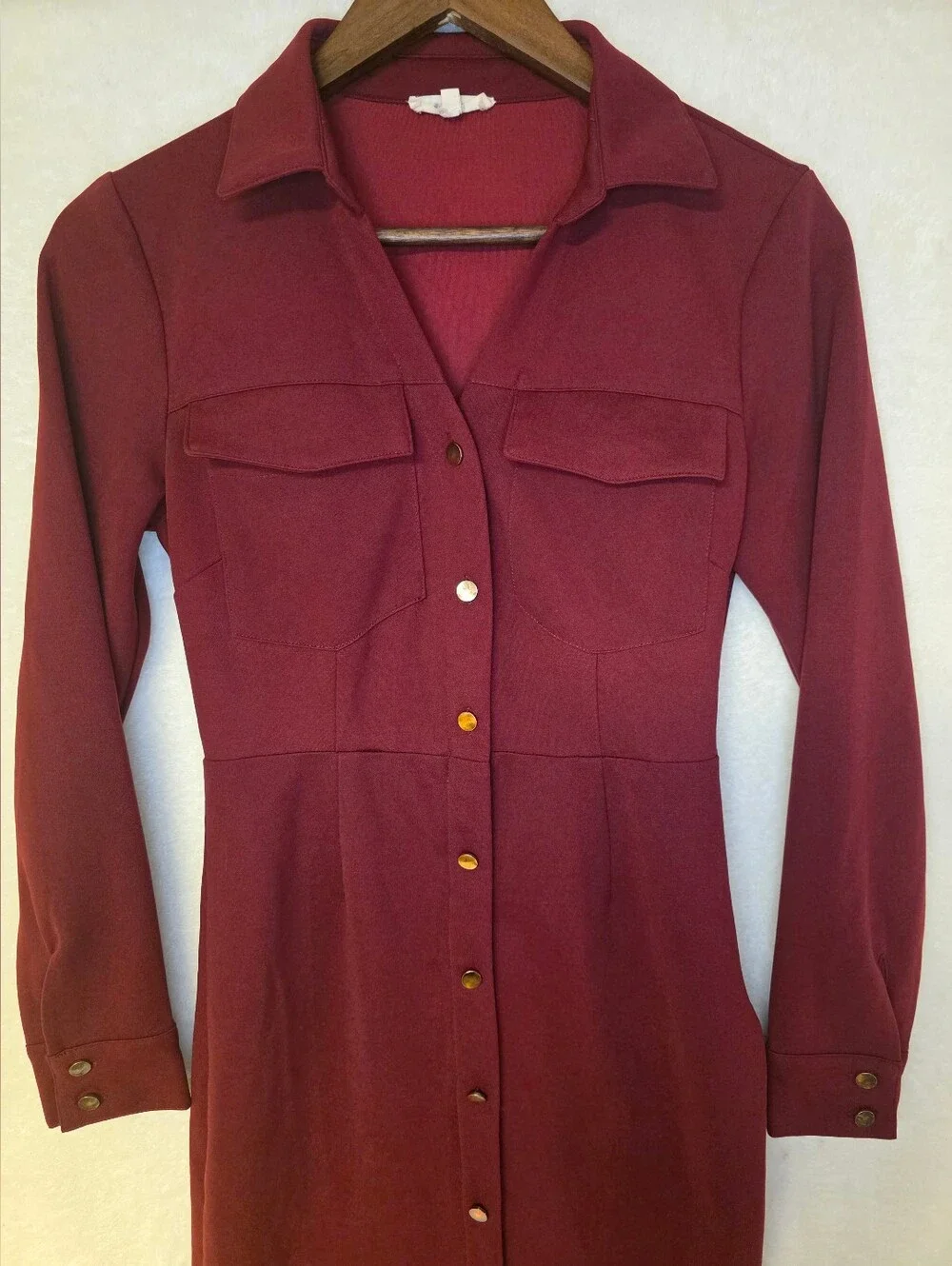 Main Strip Burgundy Button-Front Detail Long Sleeve Shirt Dress Pull Over Size S